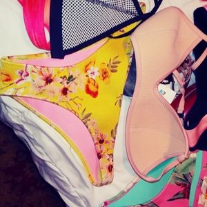 yellow and beige triangl bikini and yellow bag